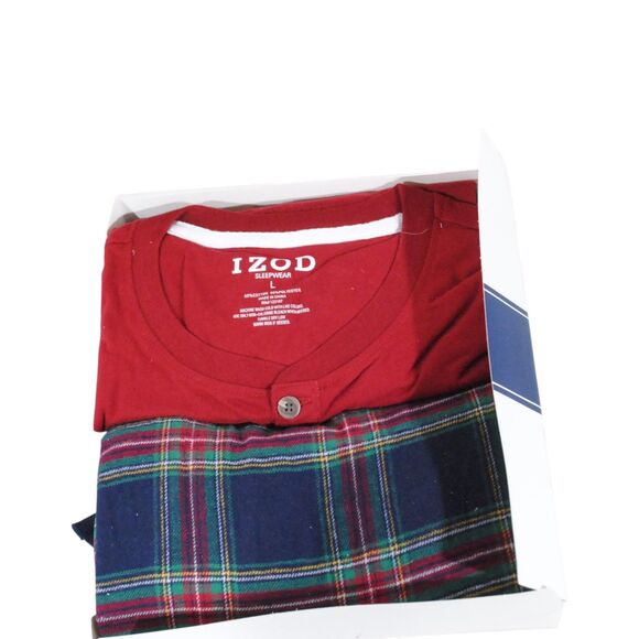 NIB Izod 2 Piece Sleep Set Mens Size Large Rede LS Shirt and Plaid Pants - Picture 2 of 3